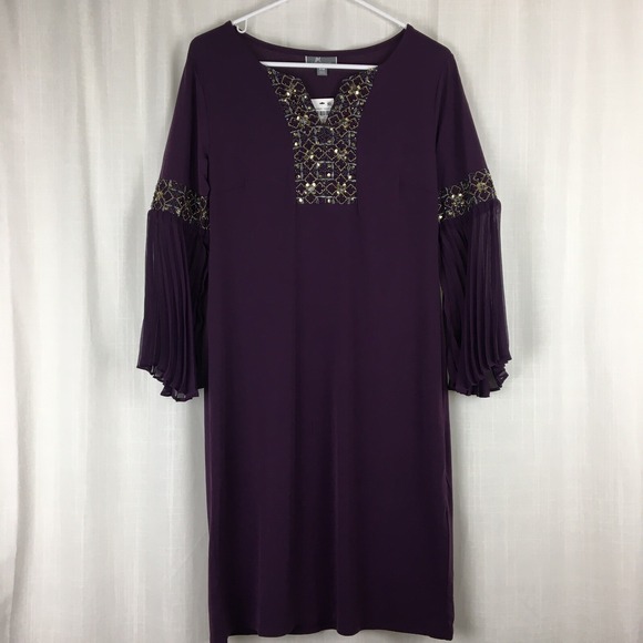 Just My Size Dresses & Skirts - NEW JMS Beaded Midi Dress Womens‎ Medium Purple Pleated Bell Sleeves Sparkle NWT